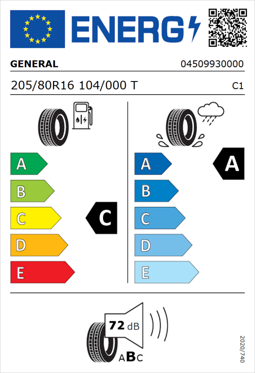 Tyre Label for General Grabber GT Plus 205/80R16 104/000T