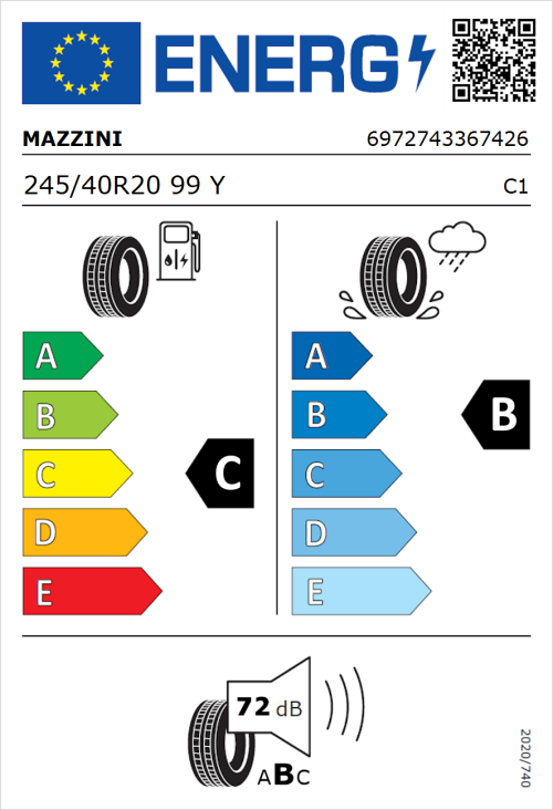 Tyre Label for Mazzini Eco 602 245/40R20 99Y