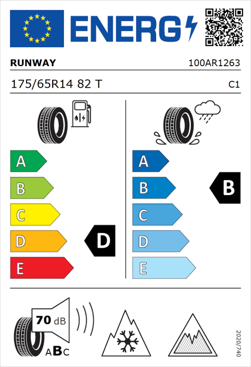 Tyre Label for Runway Enduro 75 All Season Performance 175/65R14 82T