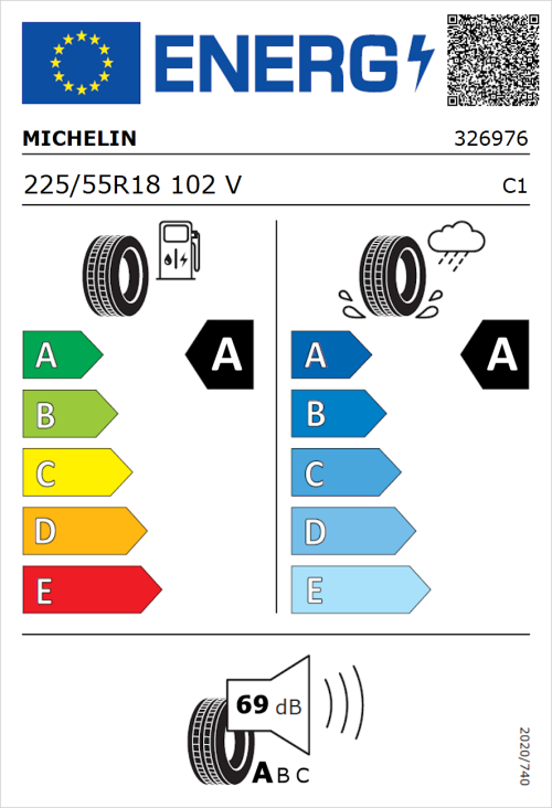 Tyre Label for Michelin Primacy 5 Energy 225/55R18 102V