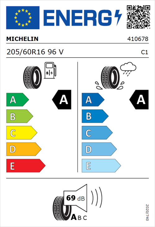 Tyre Label for Michelin Primacy 5 Energy 205/60R16 96V